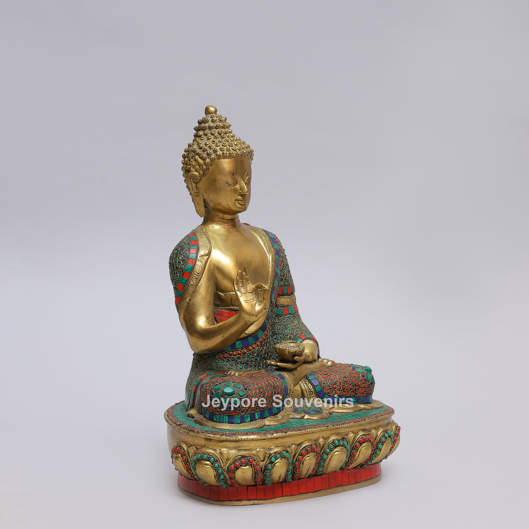 Handcrafted Brass Buddha Statue in Vitarka Mudra with Turquoise &amp; Coral Inlay
