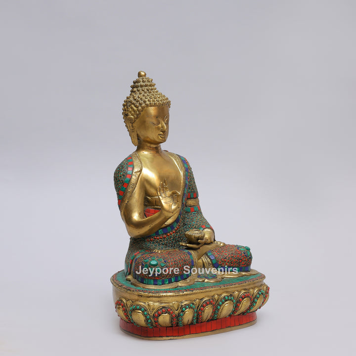 Handcrafted Brass Buddha Statue in Vitarka Mudra with Turquoise &amp; Coral Inlay