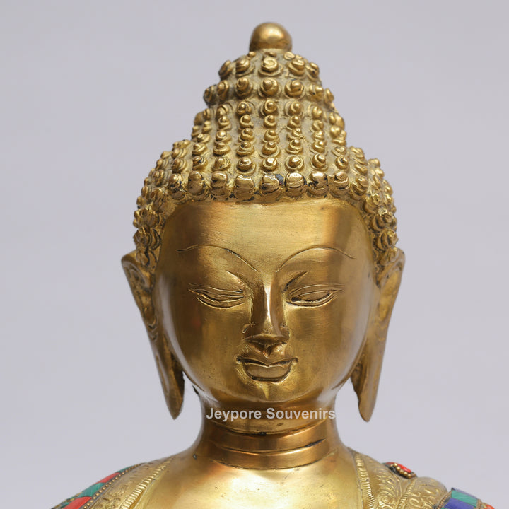 Handcrafted Brass Buddha Statue in Vitarka Mudra with Turquoise &amp; Coral Inlay