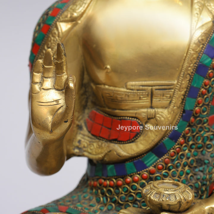 Handcrafted Brass Buddha Statue in Vitarka Mudra with Turquoise &amp; Coral Inlay