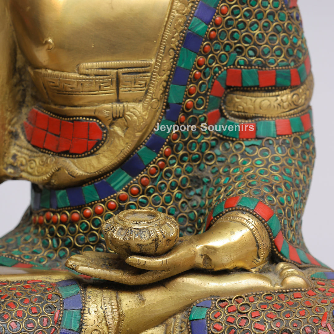 Handcrafted Brass Buddha Statue in Vitarka Mudra with Turquoise &amp; Coral Inlay