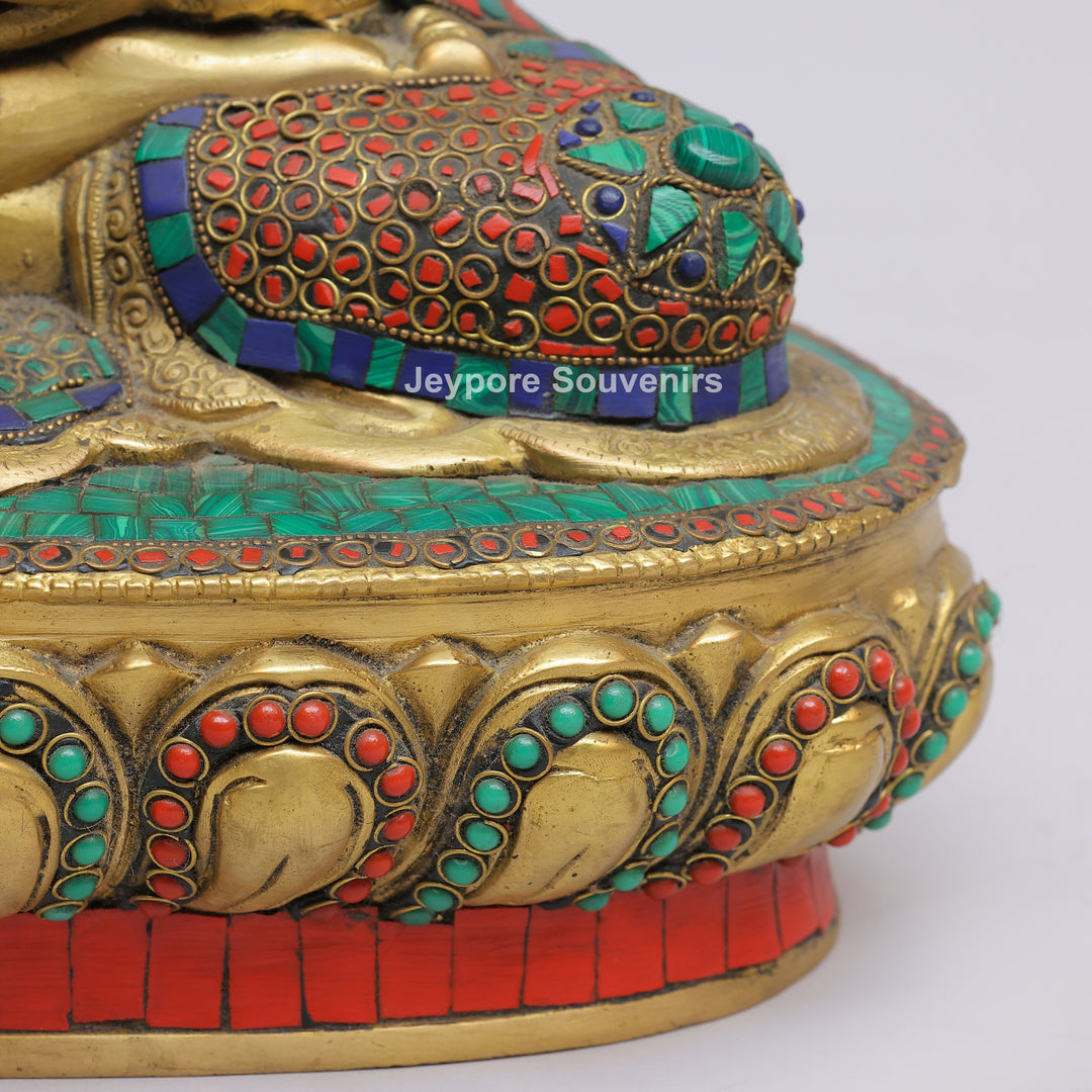 Handcrafted Brass Buddha Statue in Vitarka Mudra with Turquoise &amp; Coral Inlay
