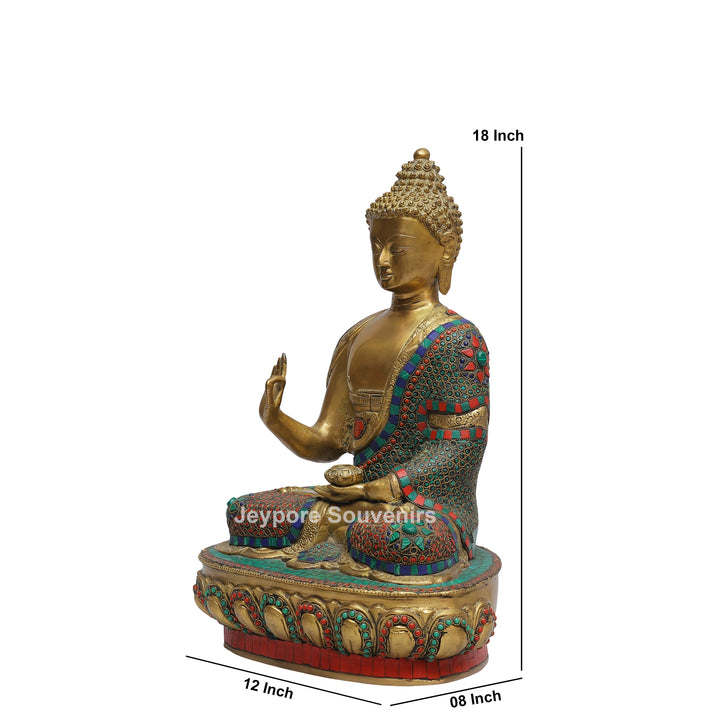 Handcrafted Brass Buddha Statue in Vitarka Mudra with Turquoise &amp; Coral Inlay