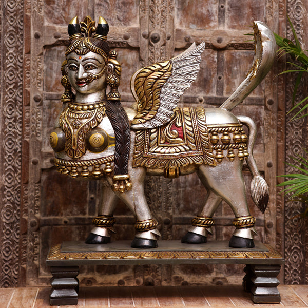 Handcrafted Mythological Kamdhenu Winged Cow Sculpture