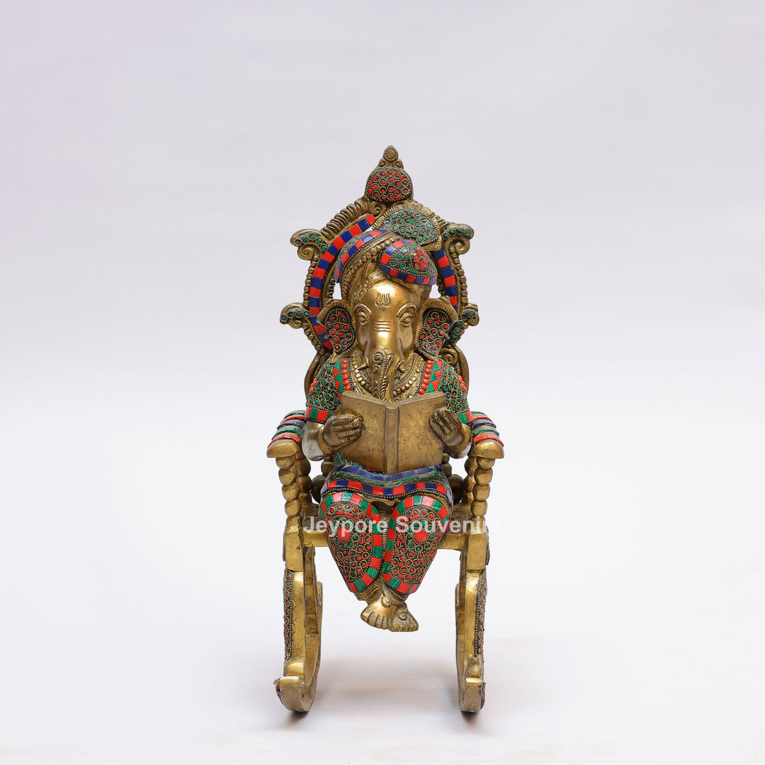 Handcrafted Brass Lord Ganesha Reading a Book Rocking Chair Statue
