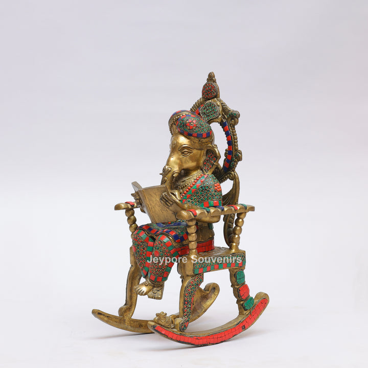 Handcrafted Brass Lord Ganesha Reading a Book Rocking Chair Statue