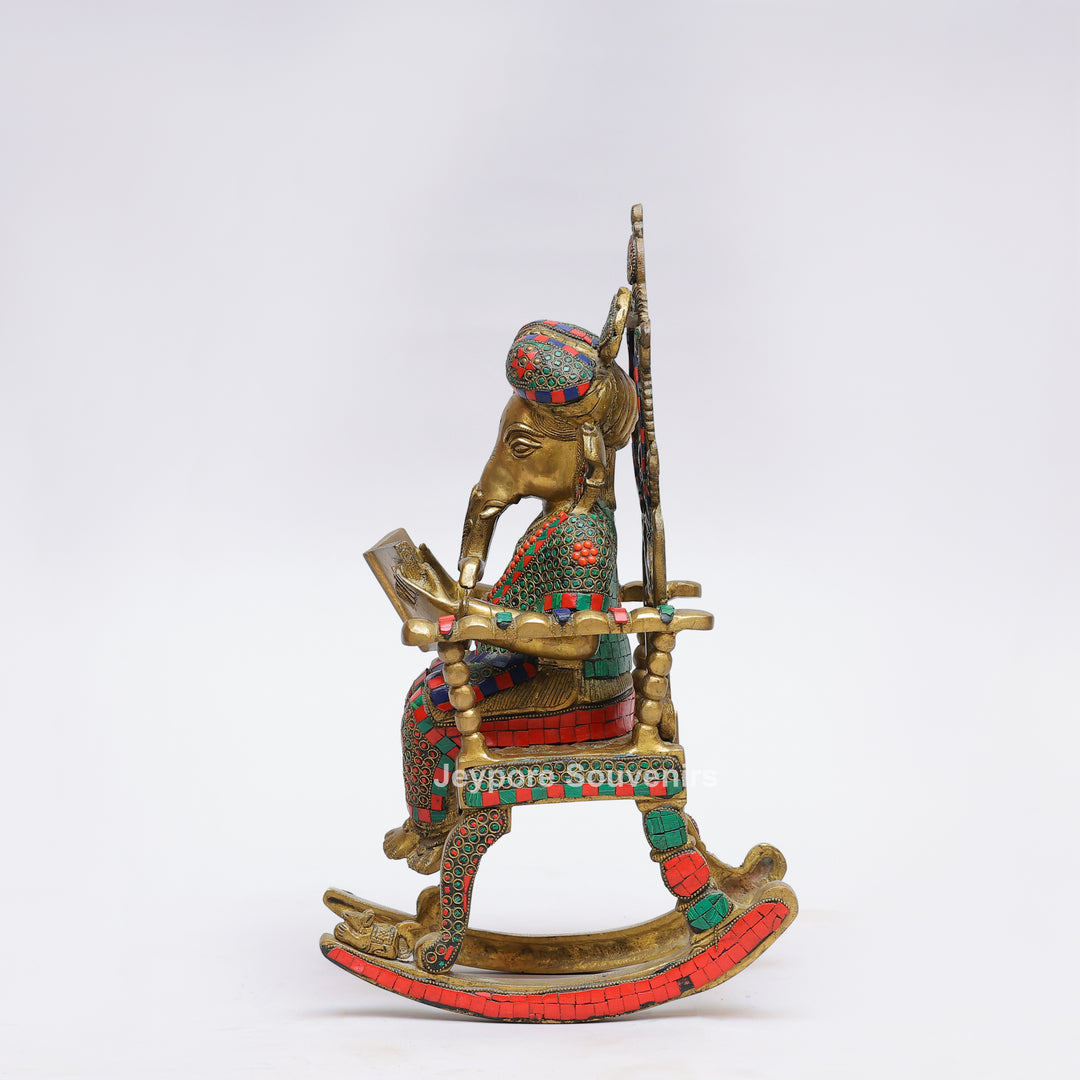 Handcrafted Brass Lord Ganesha Reading a Book Rocking Chair Statue