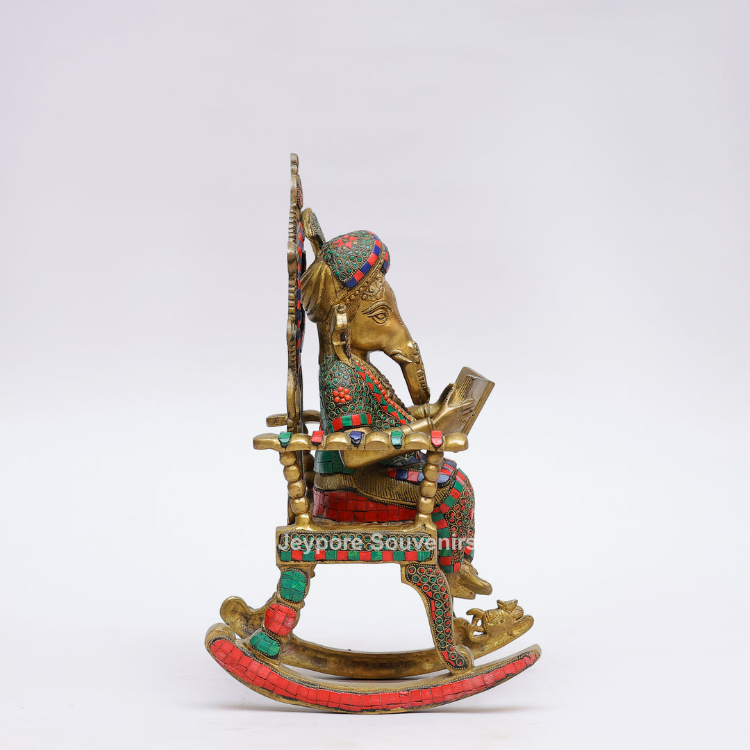 Handcrafted Brass Lord Ganesha Reading a Book Rocking Chair Statue