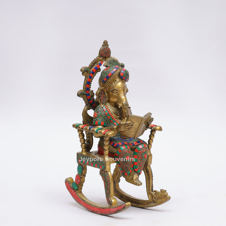 Handcrafted Brass Lord Ganesha Reading a Book Rocking Chair Statue