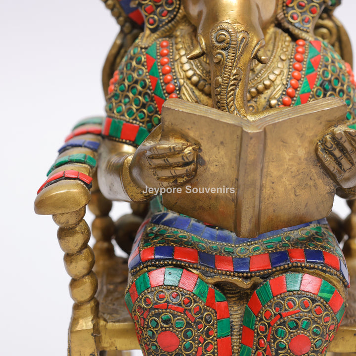 Handcrafted Brass Lord Ganesha Reading a Book Rocking Chair Statue