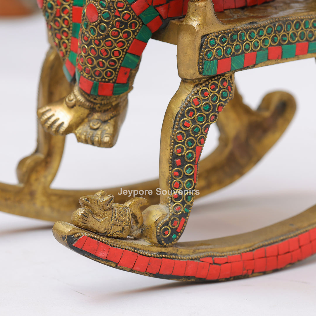 Handcrafted Brass Lord Ganesha Reading a Book Rocking Chair Statue