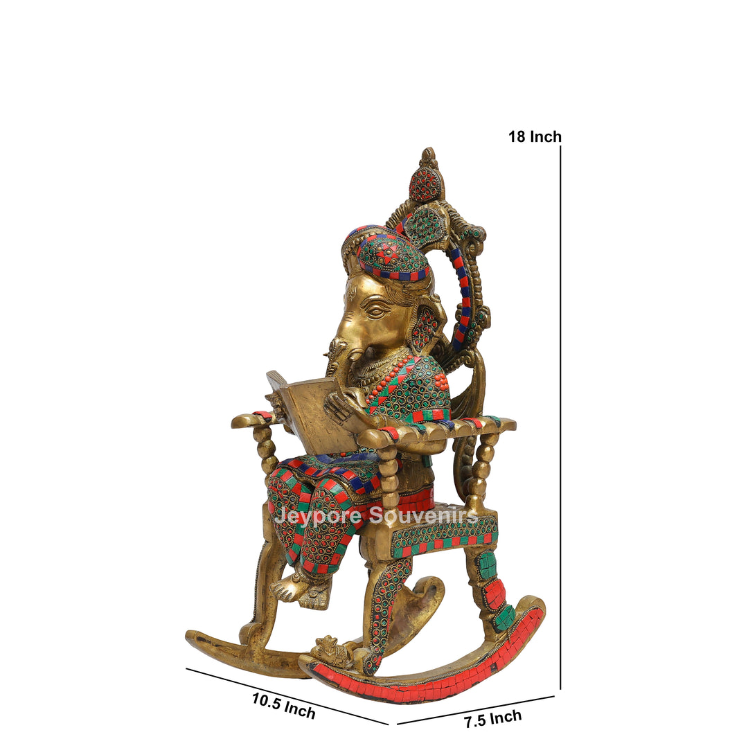 Handcrafted Brass Lord Ganesha Reading a Book Rocking Chair Statue