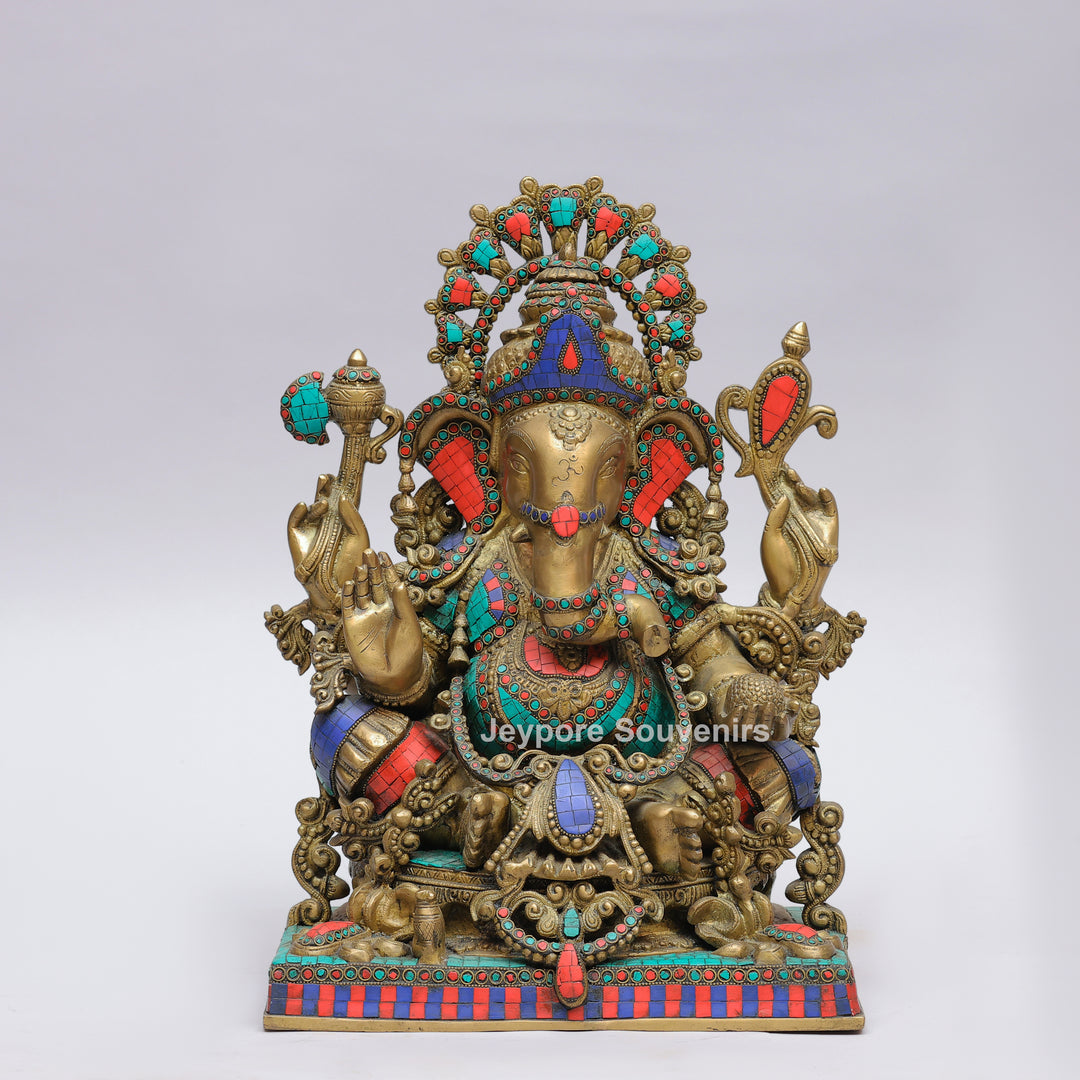 Handcrafted Brass Lord Ganesha Statue with Turquoise &amp; Red Coral Stone Inlay