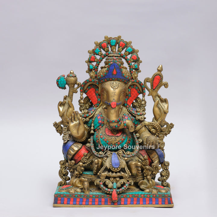 Handcrafted Brass Lord Ganesha Statue with Turquoise &amp; Red Coral Stone Inlay