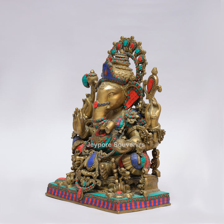 Handcrafted Brass Lord Ganesha Statue with Turquoise &amp; Red Coral Stone Inlay