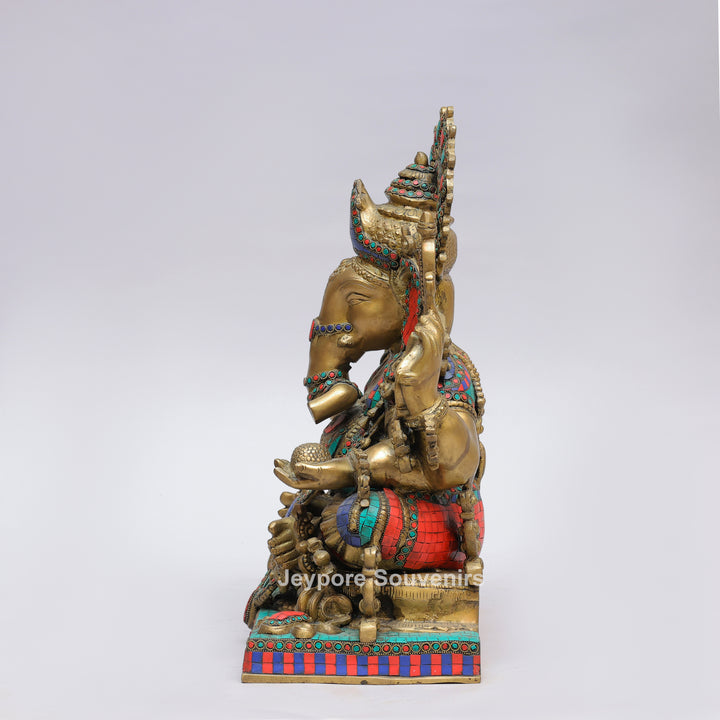 Handcrafted Brass Lord Ganesha Statue with Turquoise &amp; Red Coral Stone Inlay