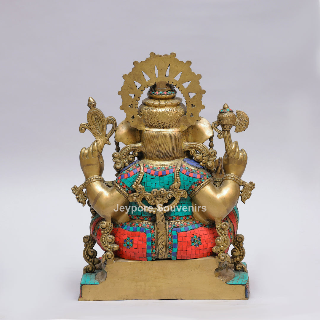 Handcrafted Brass Lord Ganesha Statue with Turquoise &amp; Red Coral Stone Inlay