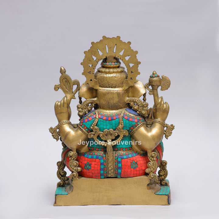 Handcrafted Brass Lord Ganesha Statue with Turquoise &amp; Red Coral Stone Inlay