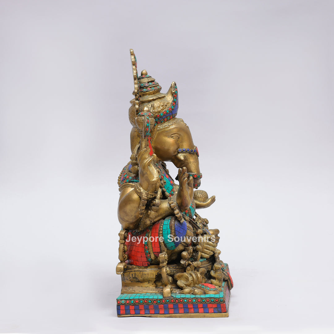 Handcrafted Brass Lord Ganesha Statue with Turquoise &amp; Red Coral Stone Inlay