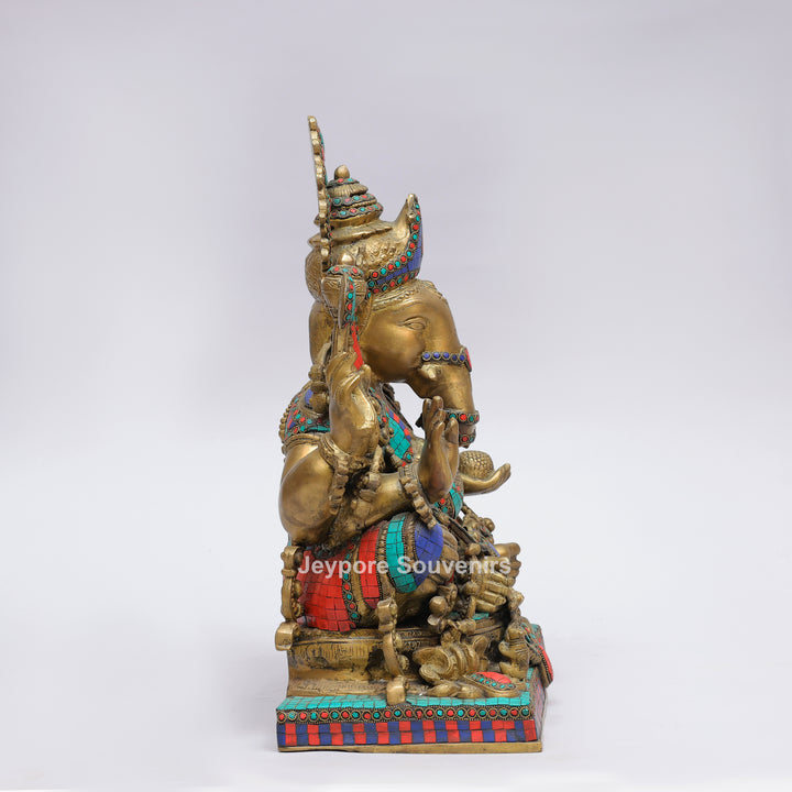 Handcrafted Brass Lord Ganesha Statue with Turquoise &amp; Red Coral Stone Inlay