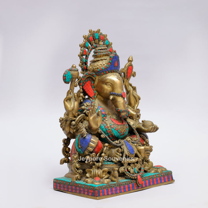 Handcrafted Brass Lord Ganesha Statue with Turquoise &amp; Red Coral Stone Inlay