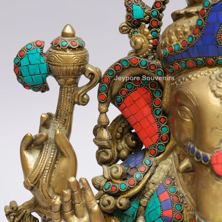 Handcrafted Brass Lord Ganesha Statue with Turquoise &amp; Red Coral Stone Inlay