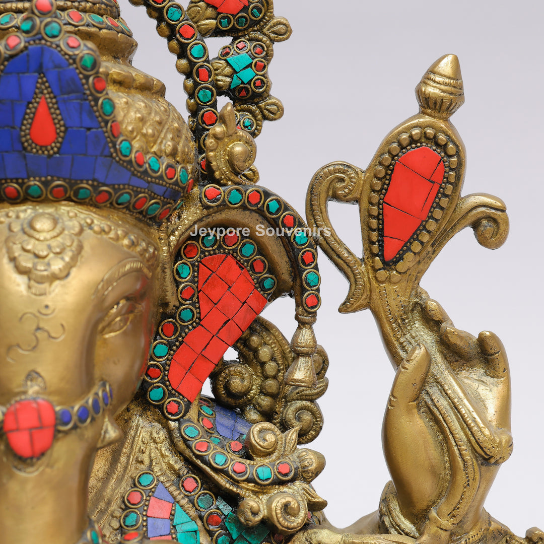 Handcrafted Brass Lord Ganesha Statue with Turquoise &amp; Red Coral Stone Inlay