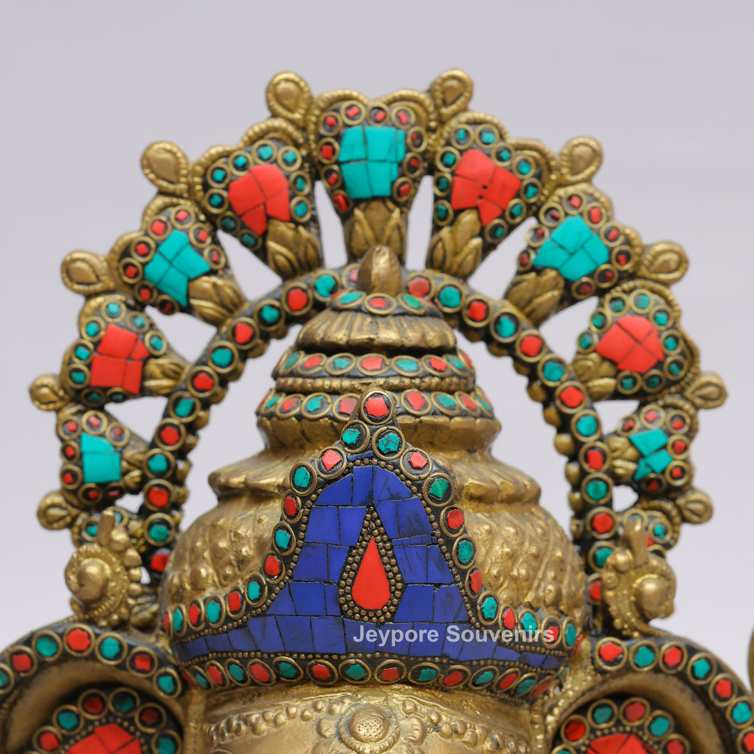 Handcrafted Brass Lord Ganesha Statue with Turquoise &amp; Red Coral Stone Inlay