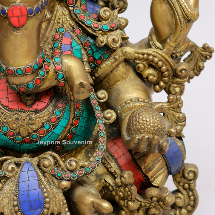 Handcrafted Brass Lord Ganesha Statue with Turquoise &amp; Red Coral Stone Inlay