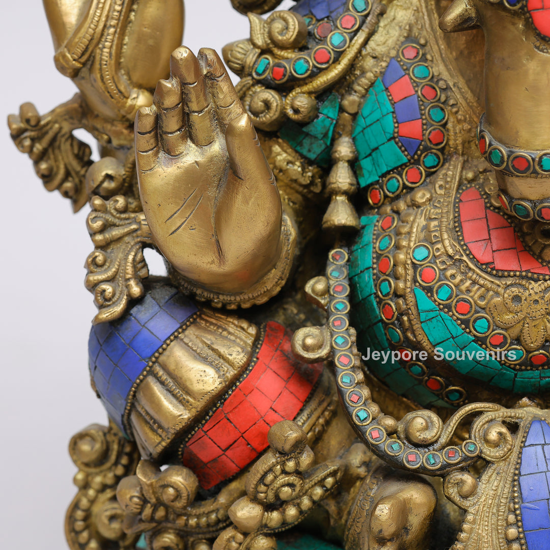 Handcrafted Brass Lord Ganesha Statue with Turquoise &amp; Red Coral Stone Inlay