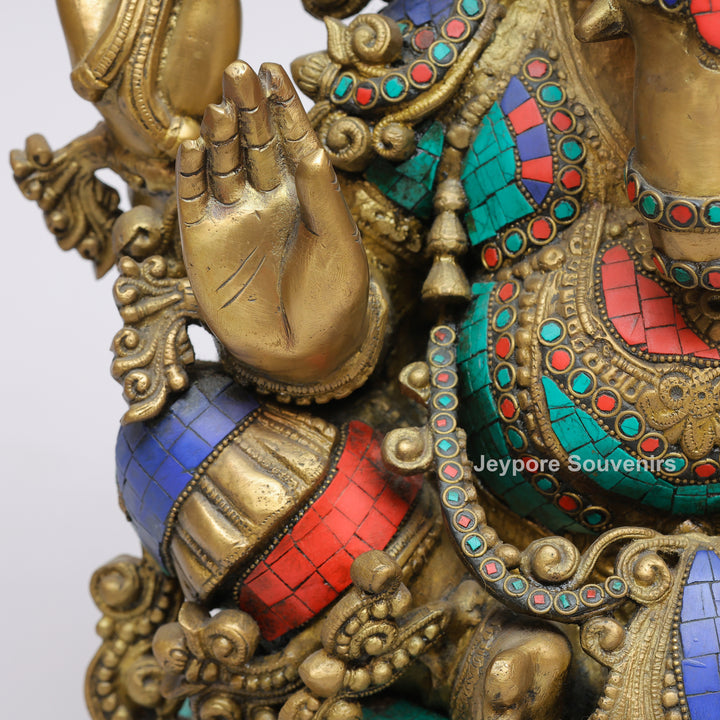 Handcrafted Brass Lord Ganesha Statue with Turquoise &amp; Red Coral Stone Inlay