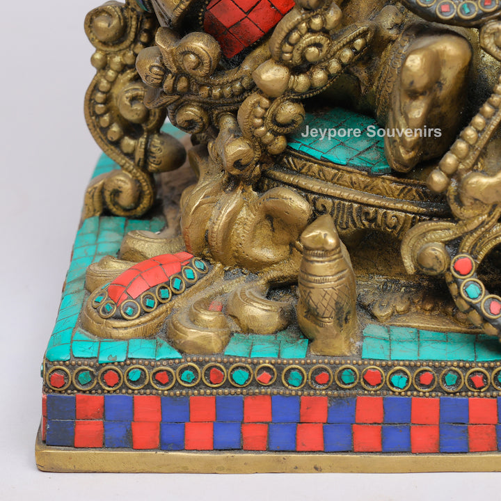 Handcrafted Brass Lord Ganesha Statue with Turquoise &amp; Red Coral Stone Inlay
