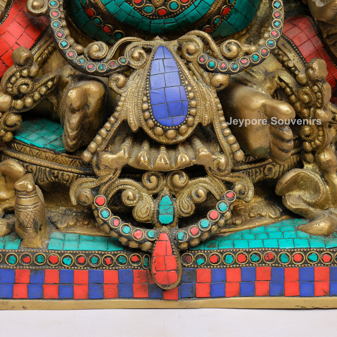 Handcrafted Brass Lord Ganesha Statue with Turquoise &amp; Red Coral Stone Inlay