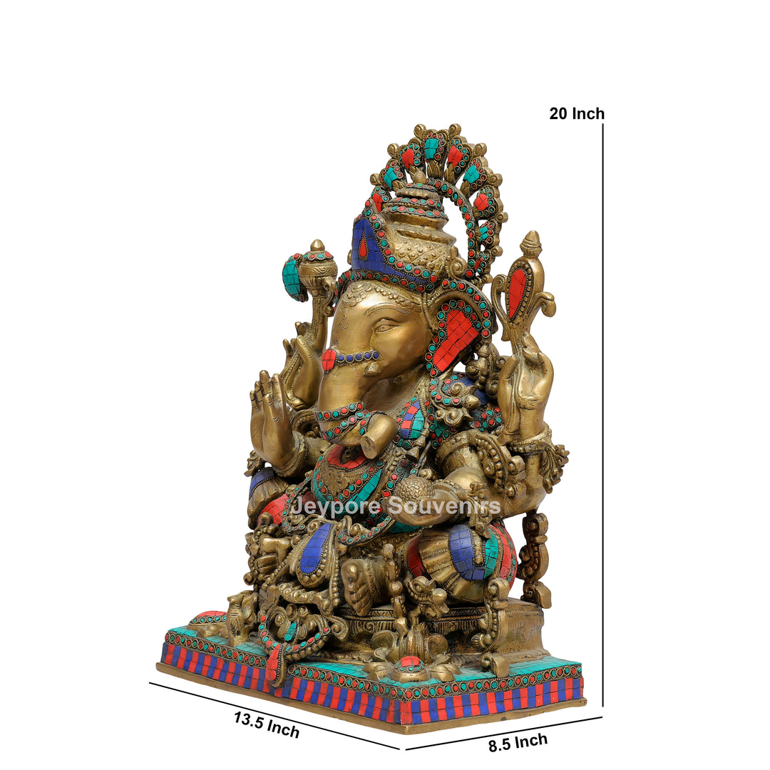 Handcrafted Brass Lord Ganesha Statue with Turquoise &amp; Red Coral Stone Inlay