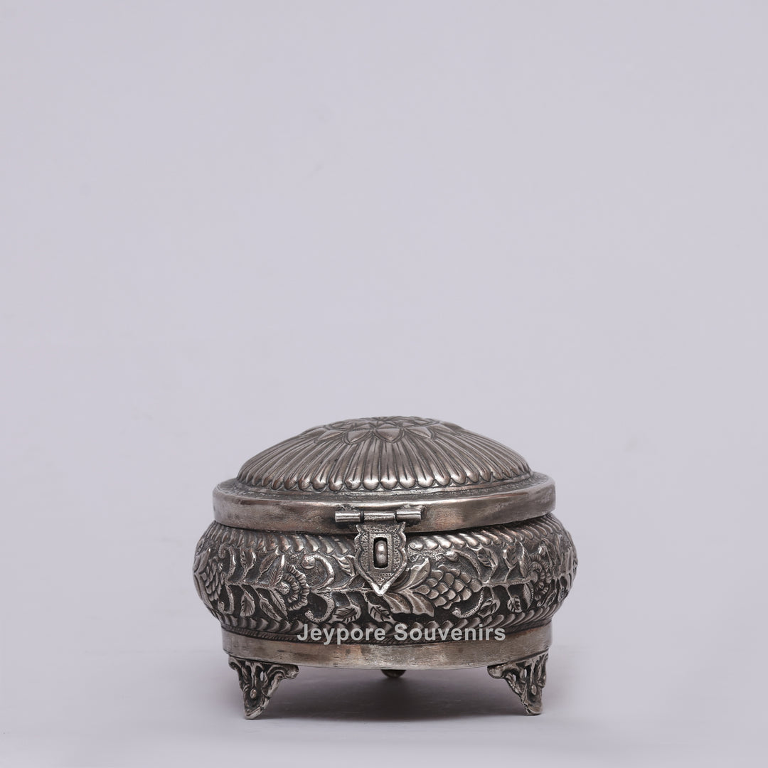 Handcrafted Silver Polished Floral Engraved Jewelry Box