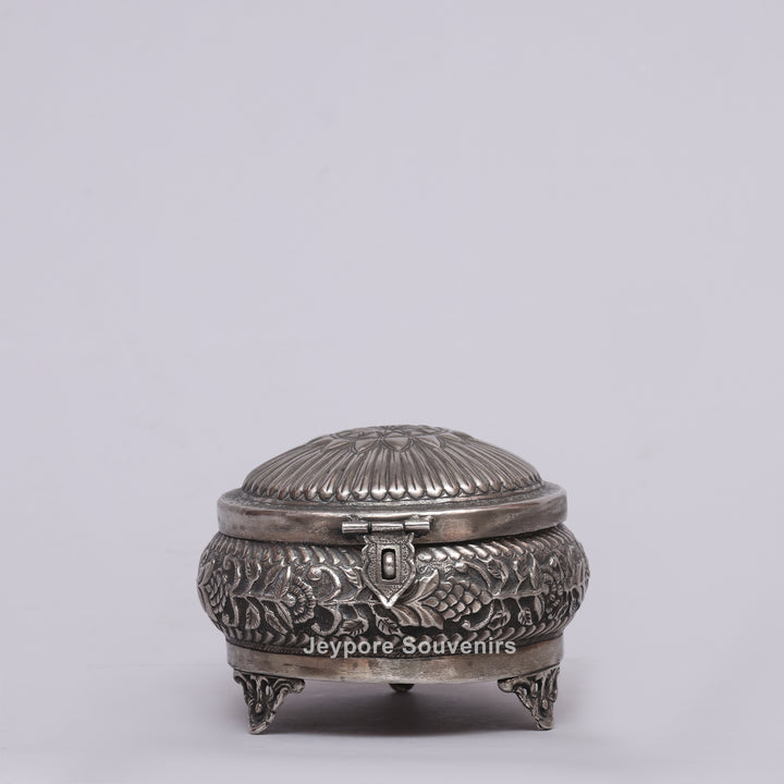 Handcrafted Silver Polished Floral Engraved Jewelry Box