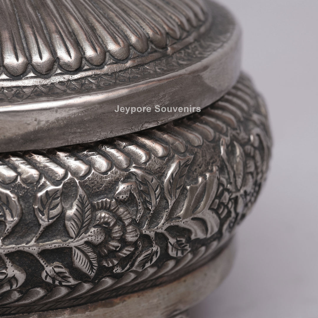 Handcrafted Silver Polished Floral Engraved Jewelry Box