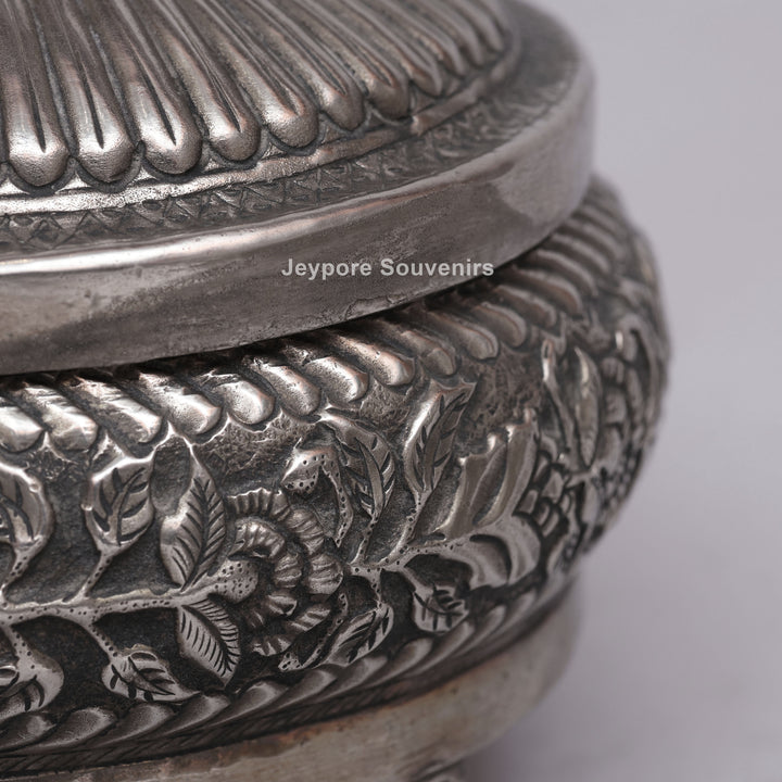 Handcrafted Silver Polished Floral Engraved Jewelry Box