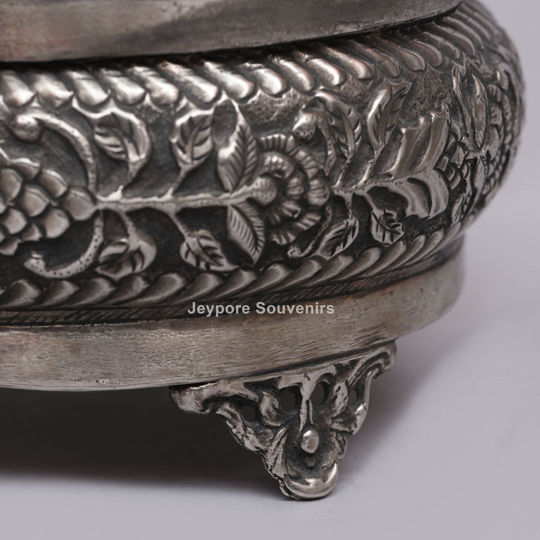 Handcrafted Silver Polished Floral Engraved Jewelry Box
