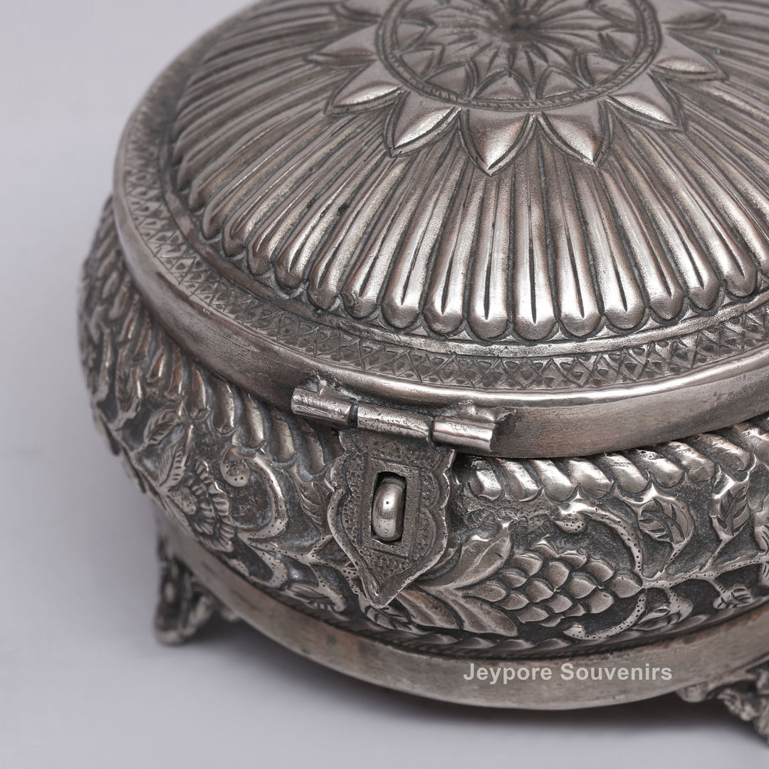 Handcrafted Silver Polished Floral Engraved Jewelry Box
