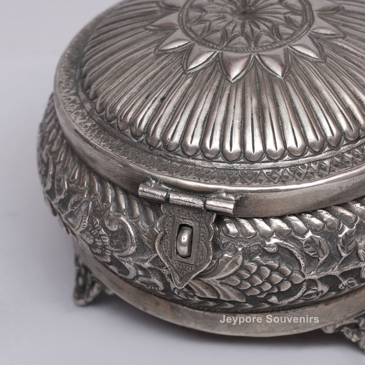 Handcrafted Silver Polished Floral Engraved Jewelry Box