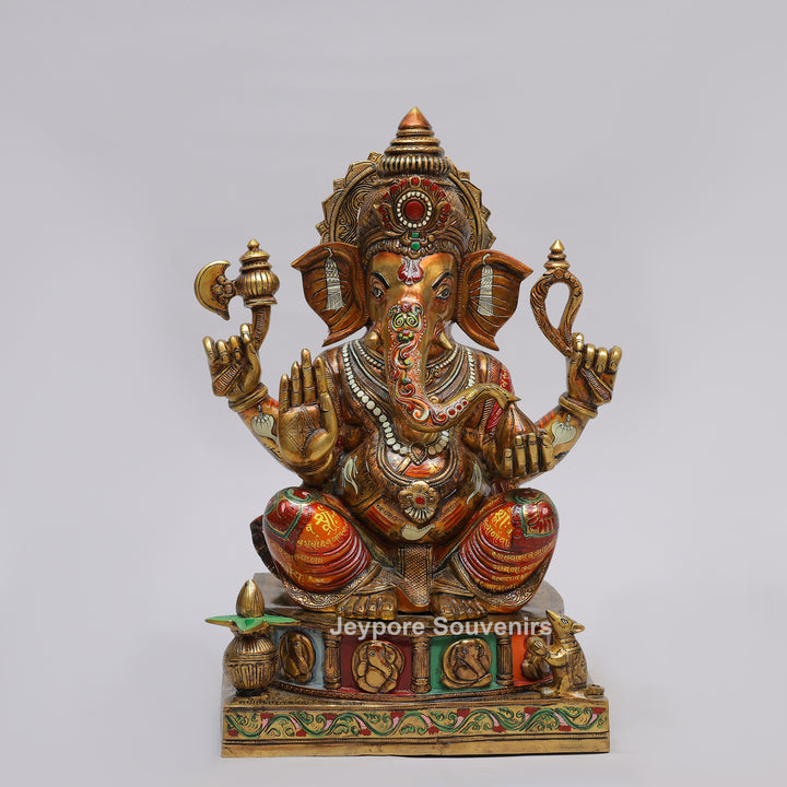 Handcrafted Brass Lord Ganesha Statue with Multicolored Enamel Detailing