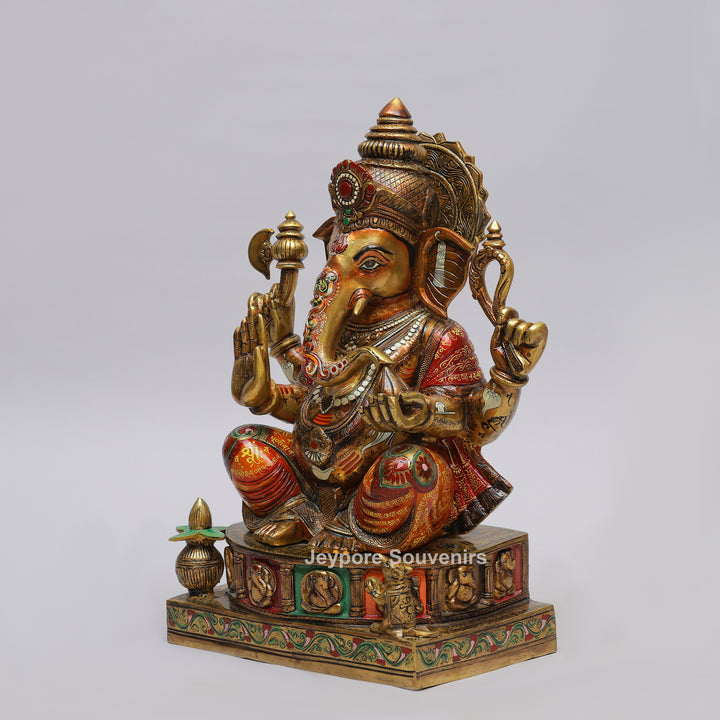 Handcrafted Brass Lord Ganesha Statue with Multicolored Enamel Detailing