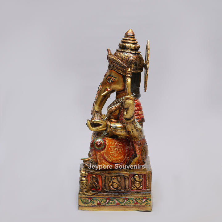 Handcrafted Brass Lord Ganesha Statue with Multicolored Enamel Detailing