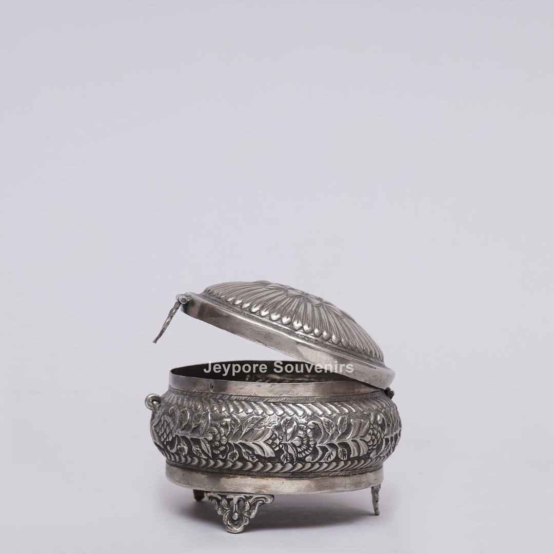 Handcrafted Silver Polished Floral Engraved Jewelry Box