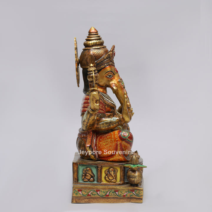 Handcrafted Brass Lord Ganesha Statue with Multicolored Enamel Detailing