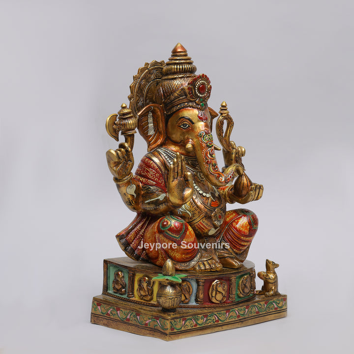 Handcrafted Brass Lord Ganesha Statue with Multicolored Enamel Detailing