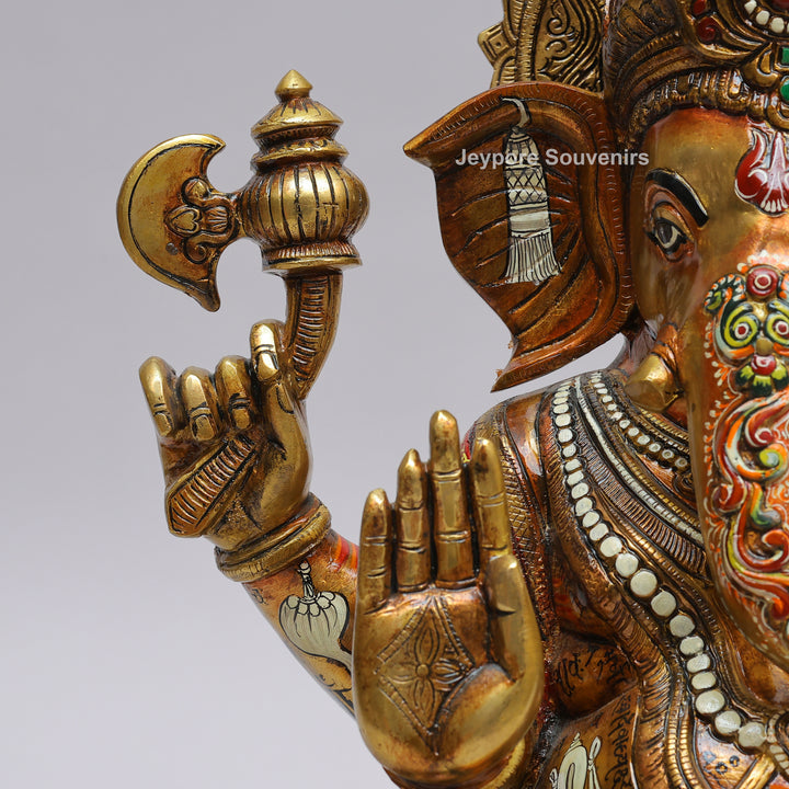 Handcrafted Brass Lord Ganesha Statue with Multicolored Enamel Detailing
