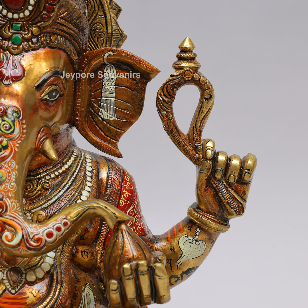 Handcrafted Brass Lord Ganesha Statue with Multicolored Enamel Detailing