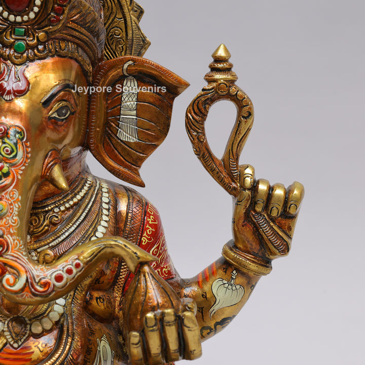 Handcrafted Brass Lord Ganesha Statue with Multicolored Enamel Detailing